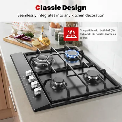 Produktbild von Gaskochfeld - Einbau - 4 Brenner - 58 cm - Glaskeramik - Erdgas & LPG - Flammenausfallsicherung - 8060 W