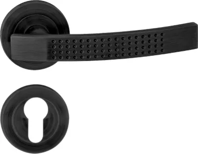 Produktbild von DOMINO Türgriff Drückergarnitur PZ - Profilzylinder Set | Rund-Rosette | Türklinke für Zimmertür, Bürotür, Kellertür & Innentür | Türbeschläge aus Aluminium | Schwarz Türdrückergarnitur | ALMA-R ECO BLACK