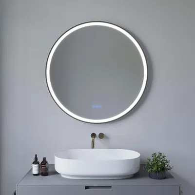 Produktbild von AQUABATOS Badspiegel rund 80 x 80 cm LED 3-Farben dimmbar, schwarzer Aluminiumrahmen mit Touchsensor, LED Wandspiegel Anti-Beschlag IP44