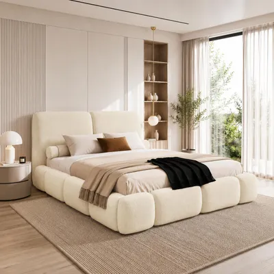 Produktbild von Polsterbett AURIO mit Bettkasten, Bett 180x200, Doppelbett mit Stauraum und Lattenrost, Boxspringbett-Optik, ohne Matratze, Schlafzimmer - Creme