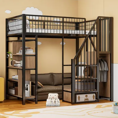 A loft bed with a sofa underneath, shelves, and a closet area, set against a yellow wall with cloud decorations.