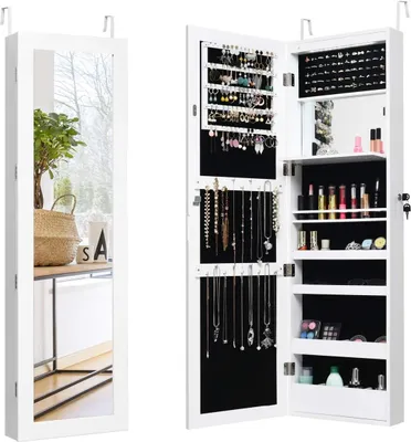 Produktbild von GOPLUS Schmuckschrank mit Spiegel, Spiegelschrank hängend mit LED-Beleuchtung, Wandschrank mit Innenspiegel & klappbarer Ablage, Wandmontage & Türmontage, Weiß