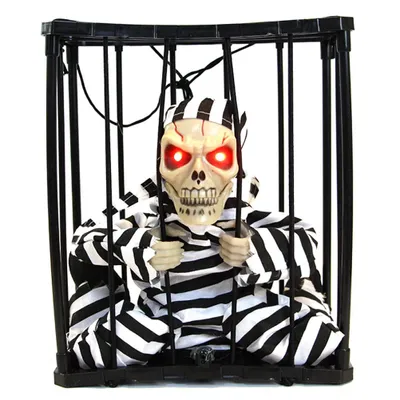 Immagine prodotto di Spaventoso, urlante, scheletro prigioniero animato in gabbia per Halloween con occhi luminosi, oggetti di scena per case infestate, decorazioni per feste di Halloween