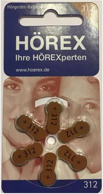 A blister pack of hearing aid batteries with a brand logo and product information.