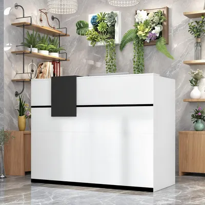 Produktbild von Empfangstheke mit Abnehmbarer Ablage, Empfangstresen mit Abschließbarer Schublade und Unterschrank, Weiß + Schwarz, MDF, 130 x 60 x 110 cm