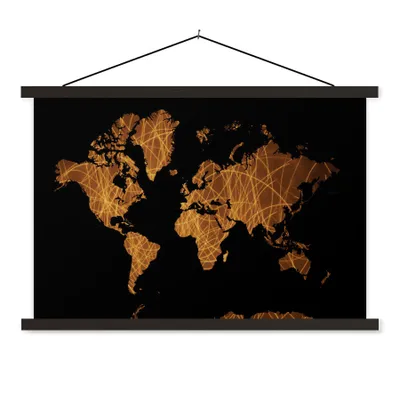 Produktbild von MuchoWow® Textilposter Weltkarte - Schwarz - Gold 90x60 cm mit schwarzem Rahmen - Aufhängungssatz