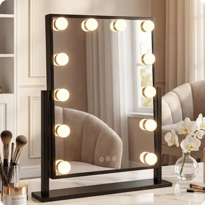 Produktbild von Schminkspiegel schwarz Make-up 47x36cm 12LED Lichtfarbe Spiegel X10