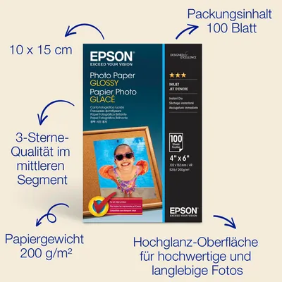 Produktbild von Epson Glossy Photo Paper (100 x 150 mm), 200 g/m2, 100 Blatt, Glanz, 200 g/m², 10x15 cm, Kalender, Cards and gift wraps, Daily use, Masks and party, Office printing, Photo collage, Photo..., 100 Blätter, - WorkForce WF-7620DTWF - WorkForce WF-7610DWF - WorkForce WF-7110DTW - WorkForce WF-3640DTWF -...