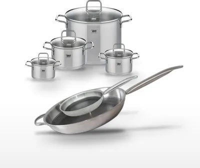 Image de Batterie de cuisine avec 2 poêles 24/32 cm et 4 faitouts 14/16/20/26 cm sans PFAS Elo Collection Relief Solution Citrin