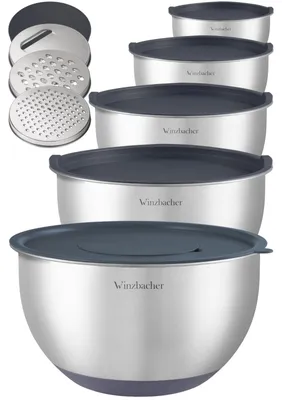 Obrázek produktu pro Nerezová míchací mísa sada - 5dílná - Stohovatelná - S víkem - 1 až 4,5 litru - Protiskluzová