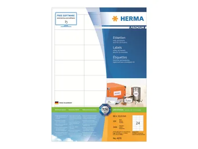 Immagine prodotto di Etichette HERMA Premium, formato A4, bianche, dimensioni 66x33,8 mm, carta opaca, confezione da 2400 pezzi