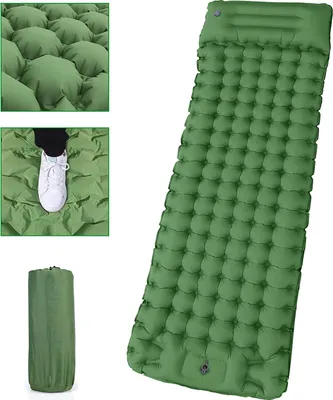 A green inflatable sleeping mat is shown, along with close-up views of its texture and a foot pressing on it, and a rolled-up version of the mat.