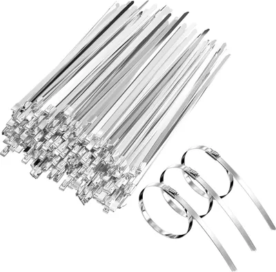 Produktbild von 100 Stück Edelstahl-Kabelbinder, 200 mm, selbstsichernde Edelstahl-Kabelklemmen, Kabelbinder für Auspuffwicklungen, Kabelbündelung, Zaun- und Markisenwartung