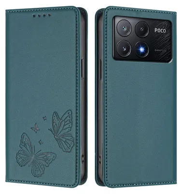 Obrázek produktu pro Kožené pouzdro pro Xiaomi Poco X6 Pro, motýlí ražbou, peněženkové flip pouzdro se stojánkem Zelená