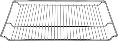 A close-up studio shot of a silver metal oven rack against a white background.