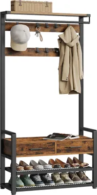 Produktbild von VASAGLE Garderobenständer mit Schuhbank, Garderobe, Schuhaufbewahrung, 2 Schubladen aus Stoff, 10 Haken, 6 seitliche Haken, 30 x 80,4 x 181,6 cm