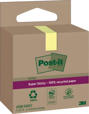 Produktbild von Post-it Super Sticky Recycling Notes 47,6 x 47,6 mm gelb 3 Blöcke á 70 Blatt