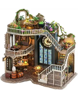A miniature, multi-story magical house or laboratory, intricately detailed with furniture, plants, and various magical items.