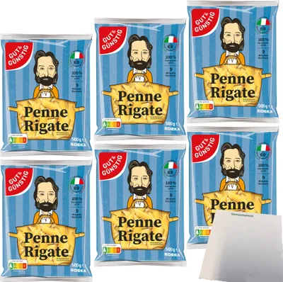 Produktbild von Gut & Günstig Nudeln Penne Rigate Pasta aus Italien 6er Pack (6x500g Beutel) + usy Block