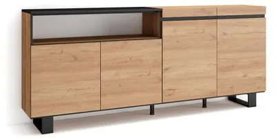 Sideboard 200x87x35 cm, 4 Türen, Eiche/Schwarz, Industriedesign