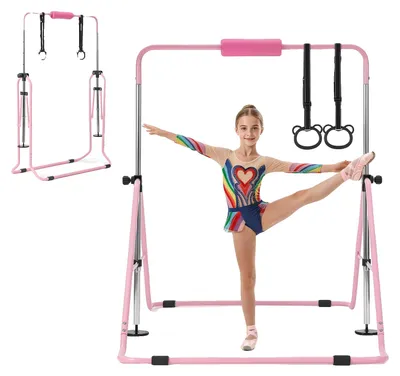 Immagine prodotto di Sbarra da ginnastica VEVOR per bambini, con capacità di carico di 63,5 kg, sbarra pieghevole con anelli da ginnastica, sbarra regolabile in altezza per allenamento indoor e outdoor, attrezzo per l'allenamento domestico per la ginnastica dei bambini, colore rosa