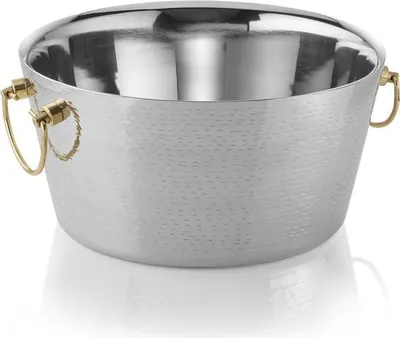 Produktbild von Champagnerkühler, mit Messinggriffen, Ø 34 cm, Höhe 17 cm, doppelwandig, gehämmerte Oberfläche, Chromnickelstahl, Messing