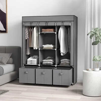 Image de Armoire à vêtements avec 3 tiroirs et 5 étagères, porte pliante en tissu non tissé, 2 tringles à vêtements, gris foncé | 125 x 43 x 162,5 cm | Structure en acier | Fermeture à glissière