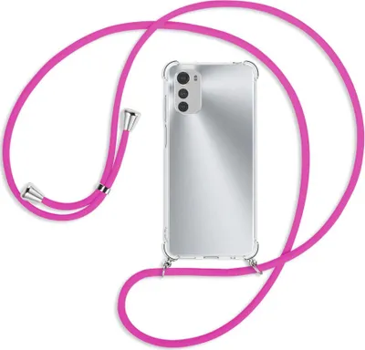 Produktbild von Handykette Backcover-Schutzhülle mit Band (Metall silberfarben) für Motorola Moto E32, Moto E32s - hot pink