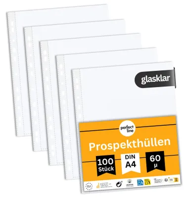 Produktbild von perfect line 100 Prospekthüllen A4 glasklar PP 60 my transparent dokumentenecht