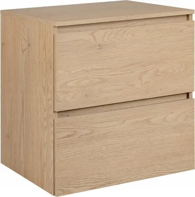 A light brown wooden cabinet with two drawers against a white background.
