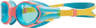 A side view of a pair of children's swimming goggles.