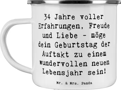 Produktbild von Mr. & Mrs. Panda Teetasse Spruch 34. Geburtstag Erlebnisse - Weiß - Geschenk, Happy Birthday, Wünsche, Campingtasse, emaillebecher, 34 Jahre, Alter, Emaille Tasse, Lachen