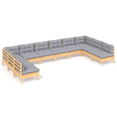 Produktbild von 10-tlg. Garten-Lounge-Set mit Grauen Kissen Kiefer Massivholz
