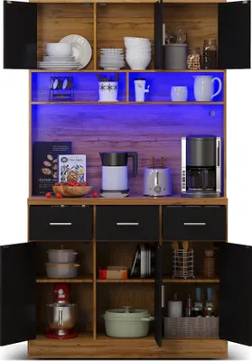 Produktbild von Flieks Küche Hochschrank Küchenbuffet mit Ladefunktion (Steckdosen&USB), Küchenschrank Buffetschrank Buffetständer mit Led, Küchenbuffet Schrank