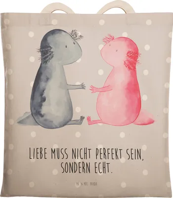 Produktbild von Mr. & Mrs. Panda Beutel Axolotl Liebe - Grau Pastell - Geschenk, Tragetasche, Stoffbeutel, Ehemann, Beuteltasche, Valentinstag, shopping bag, Tasche, Tote