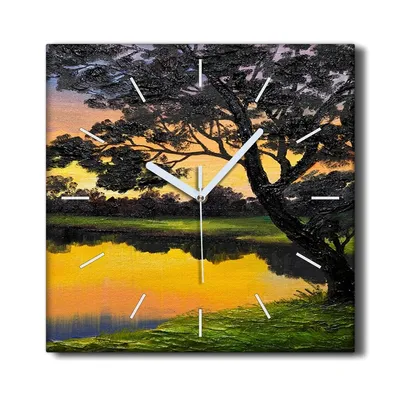 Produktbild von Coloray Hodiny Unikátní 30x30 cm  Tiché hodiny Pro obývací pokoj a kuchyň Nástěnné hodiny Plátno Černé ručičky hodin - Jezero Forest Sunset