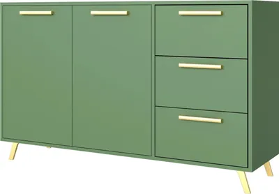Zdjęcie produktu dla Komoda Nancy z 3 szufladami i 2 drzwiczkami, kredens w kolorze: zielony, szafka o wymiarach: 140 x 86 x 41 cm