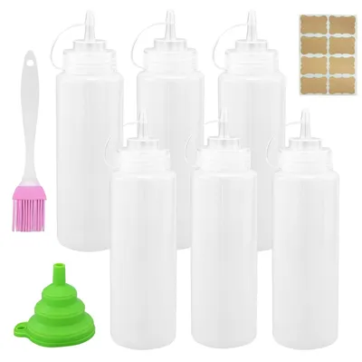 Produktbild von Quetschflasche Dosierflasche Saucenspender - 500 ml - 6 Stück - Weiß - Mit Trichter und Pinsel