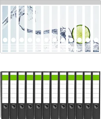 Produktbild von Wallario 12 Stück schmale Ordner inkl. Klebeetiketten mit Motive Limettenscheibe in spritzigem Wasser -  Set mit Rückenschildern / Ordnerrücken Stickern