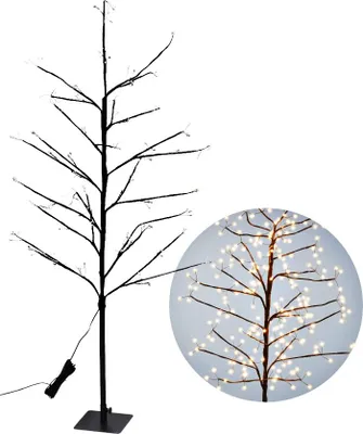 A black artificial tree with white LED lights, shown with a close-up inset.