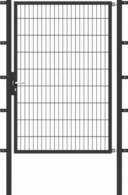 A front view of a single metal garden gate with a mesh infill and a handle.