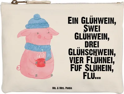 Produktbild von Mr. & Mrs. Panda Schlampermäppchen Schweinchen Glühwein Größe M - Weiß - Geschenk, Betrunken, Spruch, Weihnachten, Kulturtasche, Kulturbeutel, Etui, Mäppchen, Pouch