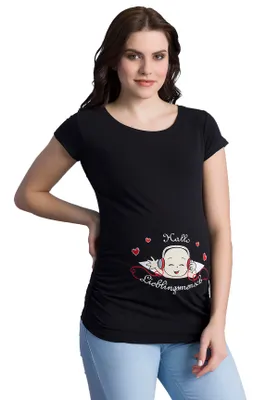 Produktbild von Umstandsshirt Kurzarm Hallo Lieblingsmensch – Umstandsmode Damen Schwangerschaft, 95 % Baumwolle, Schwarz, Gr. M