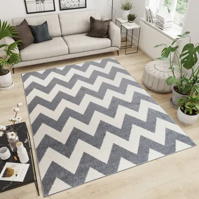 Produktbild von Teppich Wohnzimmer Schlafzimmer Kurzflor Modern Design Geometrisch Zick Zack Gestreift Streifen Creme Grau Küche  140 x 190 cm