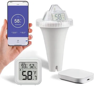 Produktbild von Drahtlose Schwimmbadthermometer mit WLAN-Gateway, digitale Temperaturanzeige, wasserdicht nach IP68, Reichweite von 90 Metern, ideal für Schwimmbäder, Whirlpools und mehr