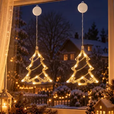 Produktbild von 2er-Pack LED Fenster Lichterkette mit Saughaken Batteriebetrieben Weihnachtsdekoration Festival Party Dekoration, Weihnachtsbaum