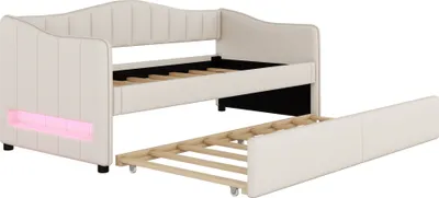 Produktbild von okwish Schlafsofa Daybett 90x200cm mit Ausziehbarem bett 90x200cm und Lattenrost aus holz, Tagesbett Kinderbett Jugendbett, Ambiente-Licht-Design(Ohne Matratze)- Beige