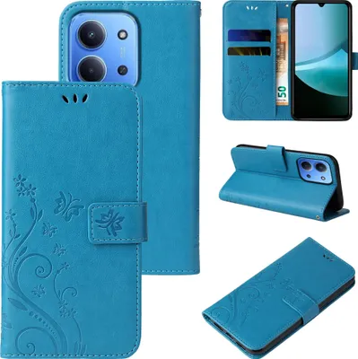 Produktbild von Handyhülle für Xiaomi Redmi 15C Floral Blumen Schmetterling Flip Cover Hülle Case Klapphülle Handytasche Farbe: Blau