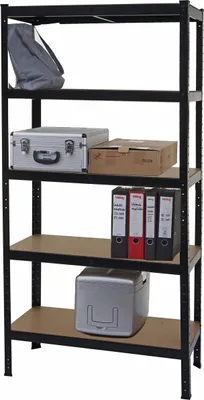 A black metal shelving unit with five shelves, displaying various items.