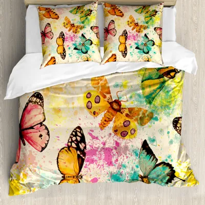 Produktbild von ABAKUHAUS Schmetterling Bettbezug, Trübe Grungy Schmetterling, Milbensicher Allergiker geeignet mit Kissenbezügen, 200 cm x 200 cm - 80 x 80 cm, Mehrfarbig